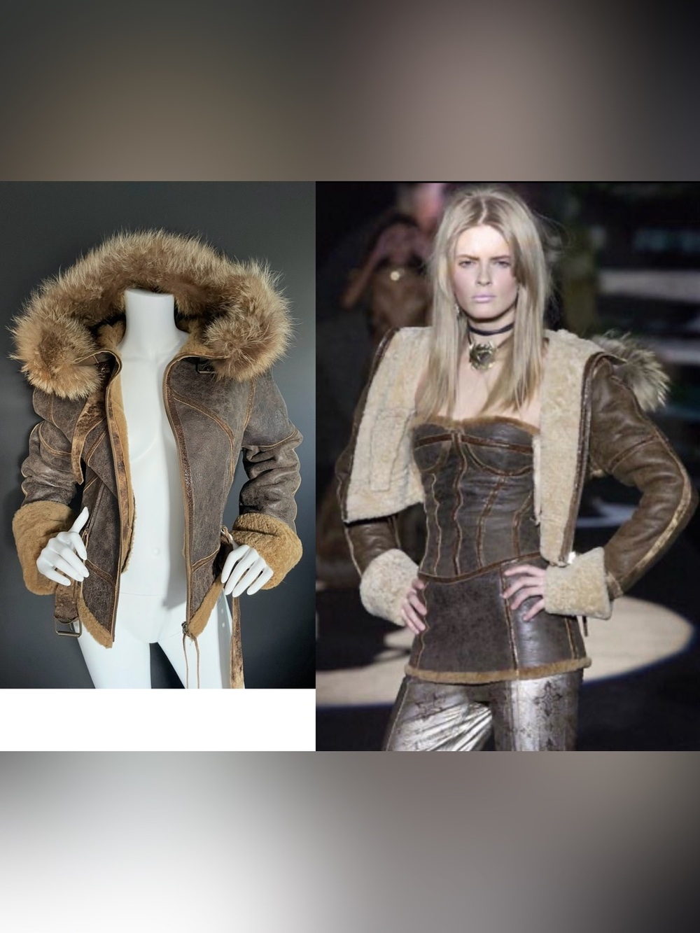 Roberto Cavalli F/W 2003 Cropped Fur Trim Hooded Shearling Leather Jacket Coat M